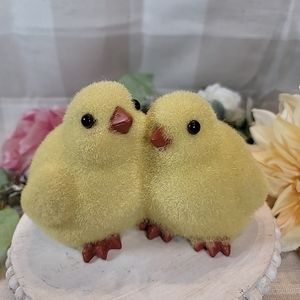 2 Cute Yellow Flocked Chicks Figurine Easter Farm Spring Decorations NEW